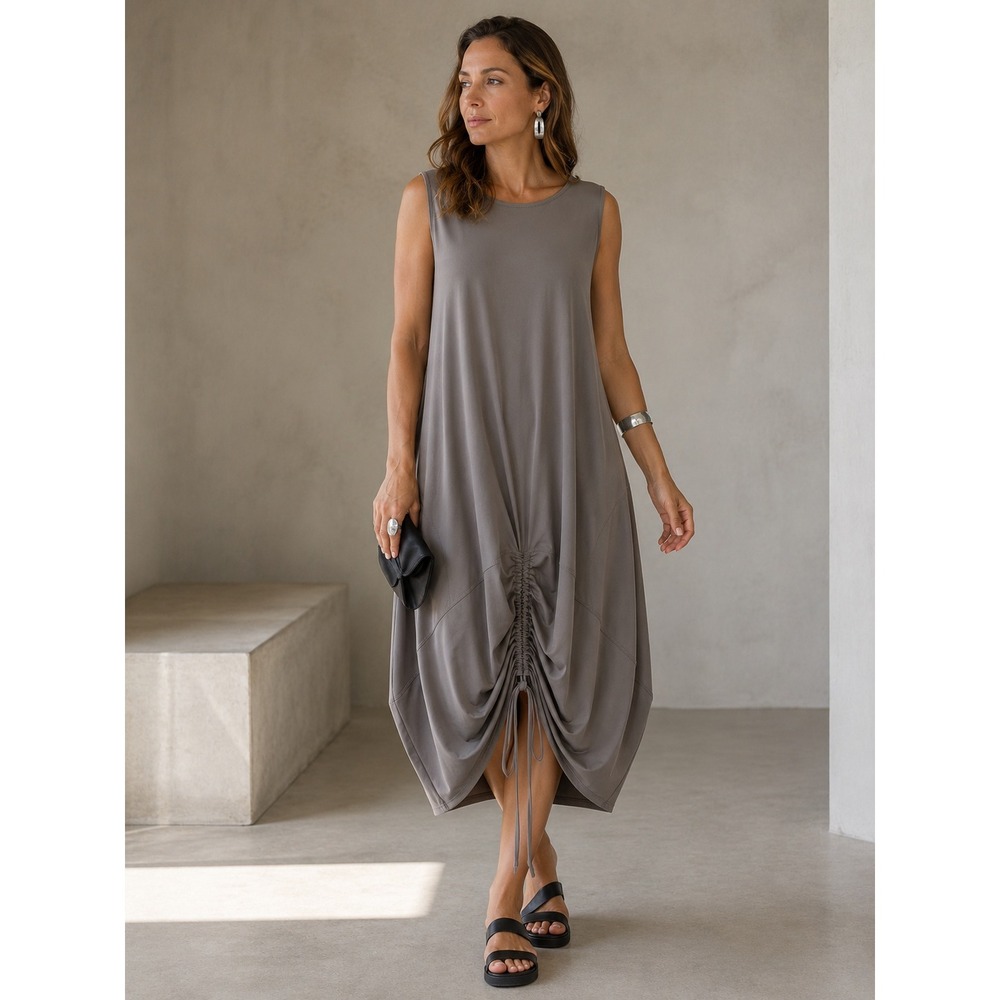 IC Collection Balloon Bubble Hem Midi Dress Women XS Gray Lagenlook Drawstring